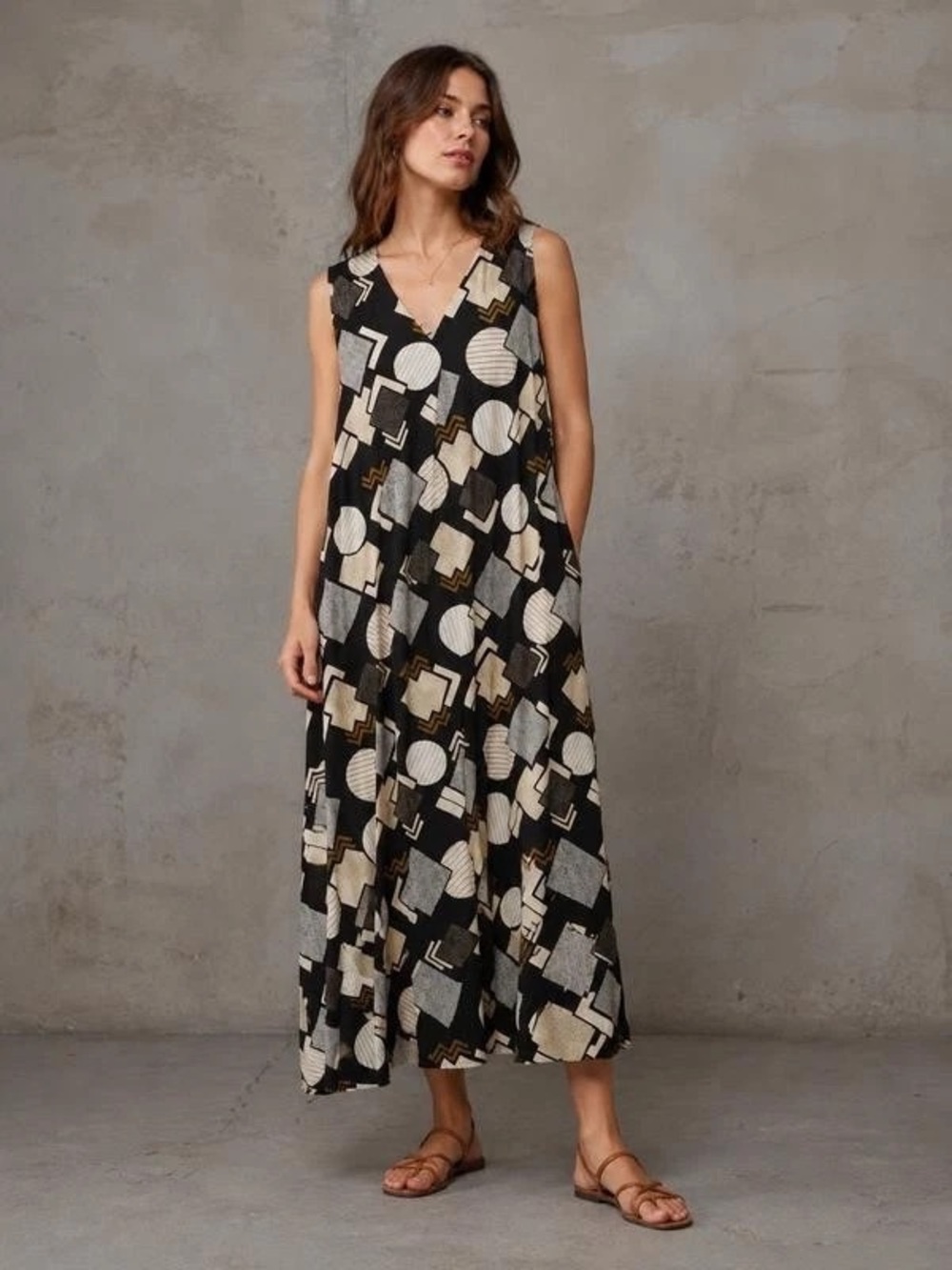 Gudrun Sjodén Sleeveless Black Midi Dress With Abstract Geometric Print Size L